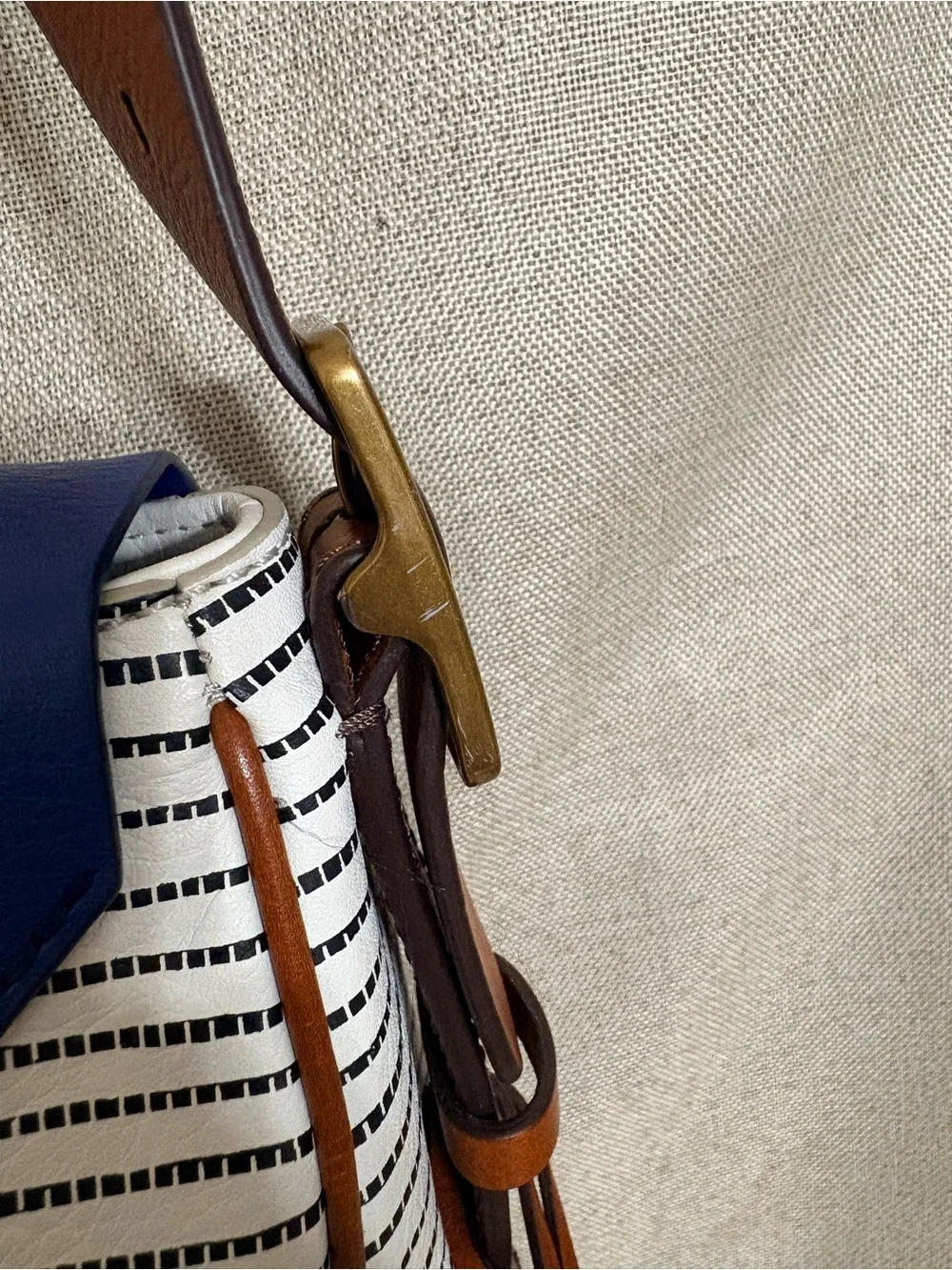 Fossil Cowhide Leather Nautical Stripe Shoulder Bag Blue White Adjustable Strap